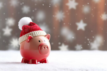 A cute piggy bank in a snowy winter scene, all dressed up for Christmas
