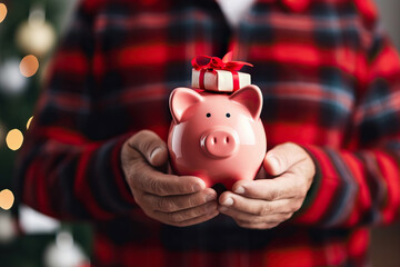 A person holding a piggy bank with a festive Christmas tree in the background