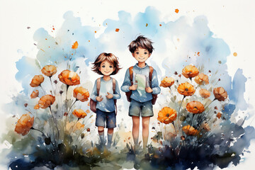 Portrait of a cute boy and girl standing in a field with poppies. Digital watercolor painting.