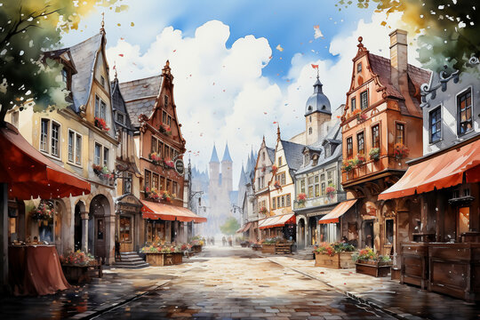 Digital painting of medieval street in old town of Strasbourg, France
