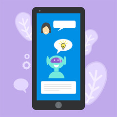woman chatting with chat bot on screen smartphone with idea concept. vector illustration.