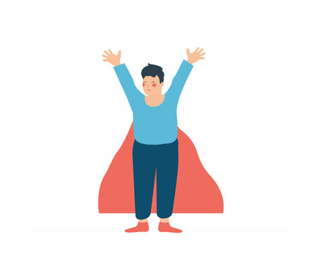 Happy Boy wears a superhero cape. Child with a flying super man costume stands with open arms and challenges boundaries. Concept of talented or gifted preschool children. Vector illustration