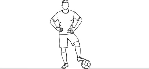 continuous single line drawing of soccer player with foot on ball, line art vector illustration © Christian Horz