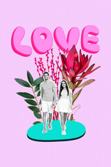Vertical collage picture of two mini black white colors partners hold arms walking big flower love isolated on pink background