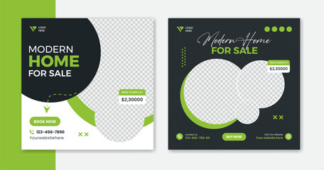 Modern real estate social media post, minimal design of building, properties, residents, home and house.