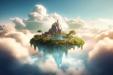 illustration of fantasy landscape with floating island in the sky, Generative AI