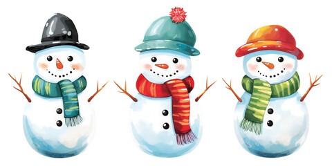 Set of watercolor snowman characters isolated on transpatent white background. cute snowman on winter snow custume for chtistmas decorations, kids decorative elements for christmas backgrounds