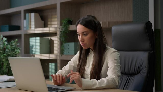 Caucasian business woman working on laptop feel stressed about system virus shocked girl businesswoman computer failure trouble important data loss outraged with website mistake malware loosing error