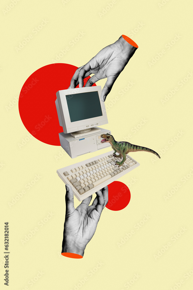 Fototapete miniature composite collage artwork exclusive magazine of dinosaur animal zoo vintage computer user 