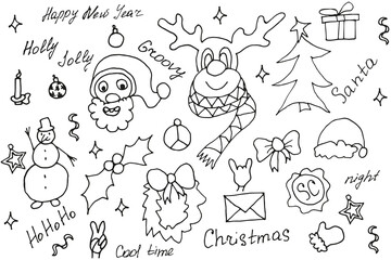 Set of Doodle Christmas reindeer, santa, snowman, symbol and element. Hand drawn Christmas collection of outline symbols. Vector illustration.