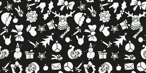Doodle design Christmas Wrapping paper with black reindeer, santa, snowman. Christmas present endless ornament. Hand drawn New Year background. Vector illustration.