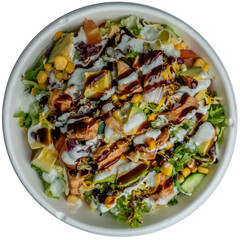Delicious salad bowl brimming with fresh veggies, topped with a nutritious and flavorful sauce. A wholesome and delightful choice for your health-conscious cravings