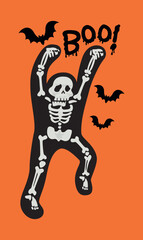 Halloween skeleton with bat of halloween and word boo, Vector illustration cartoon EPS images. 