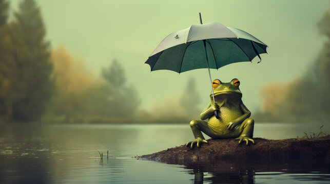 illustration d'une grenouille avec un parapluie car il pleut beaucoup trop, m&ecirc;me pour une grenouille
