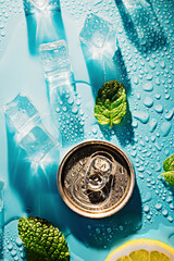 Creative summer composition with lemon slice, mint leaves, can of soda and ice cubes. Minimal...
