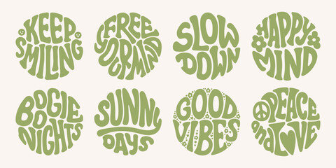 Groovy lettering set. Retro slogan collection in round shape. Trendy groovy print design for poster, card, tshirt.