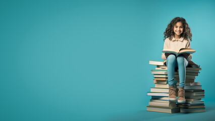 Young student girl sitting on top of a stack of books, enjoying reading and knowledge, against a light blue background, copy space, back to school in world book day concept