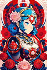 Girl With Flowers In Red And Blue Color 