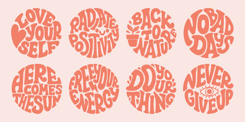 Groovy lettering set. Retro slogan collection in round shape. Trendy groovy print design for poster, card, tshirt.