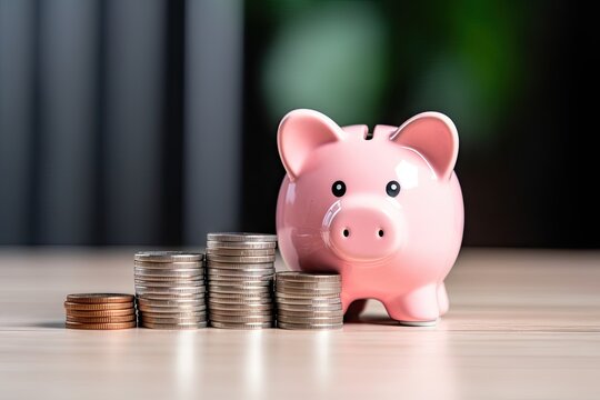 Financial planning and savings. Piggy bank on table with coins and copy space. Investing for future. Concept of wealth growth with money. Piggy bank business concepts