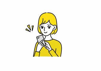 笑顔でスマホ画面を見る女性