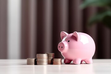 Financial planning and savings. Piggy bank on table with coins and copy space. Investing for future. Concept of wealth growth with money. Piggy bank business concepts