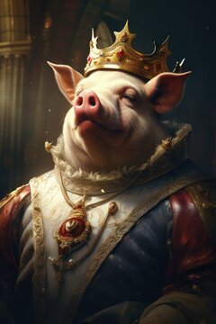 humanized pig king in medieval costume portrait 