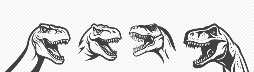 Vector Black and White Tyrannosaurus Rex Head Icon Set, Cutout Silhouette Illustration