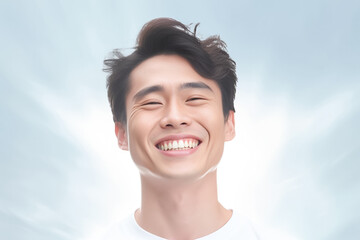 Close up face of happy man looking at camera isolated over smoke grey wall. Portrait of young smiling handsome guy in white t-shirt showing happy, positive and friendly. Generative AI.