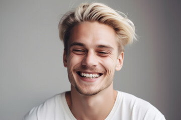 a closeup photo portrait of a handsome blonde scandinavian man smiling with clean teeth. for a dental ad. guy with fresh stylish hair with strong jawline. isolated on white background, generative AI