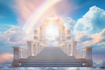 paradise with a stairway to heaven in light colors, life after death in philosophy and religion.