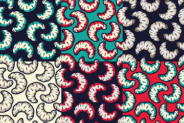 Worm set of seamless patterns for halloween design background. Wallpapers with maggots or scary insect larvae for october party banner, poster or postcard