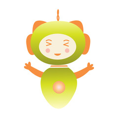 Chatbot or robot happily threw its hands up. Virtual assistant, artificial intelligence. Smart assistant in mobile application. Colorful vector isolated illustration flat gradient. Green and orange