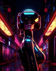 Fototapeta na wymiar sonic future: a vision of tomorrow's music genres dance, techno, edm, pop, electronic, techno trance, visualized through a latex-clad woman equipped with advanced visors and headphones. Ai Generated