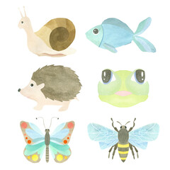 Cute watercolor set of insects and animals living on reservoirs - butterfly, bee, frog, snail, hedgehog and fish, isolated on a white background. Illustration. A set OF ANIMAL FACES. For the design