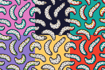 Obraz premium Worm set of seamless patterns for halloween design background. Wallpapers with maggots or scary insect larvae for october party banner, poster or postcard