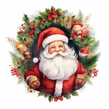 retro postcard. santa claus on white background and christmas wreath