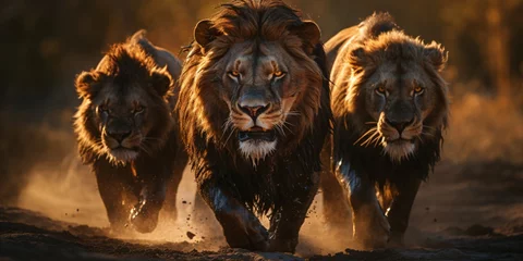 Fotobehang running lions in the sunset, big five wildlife safari © CROCOTHERY