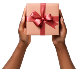 Hands Are Holding White Gift Box With Red Ribbon. Top View. Ai Generative
