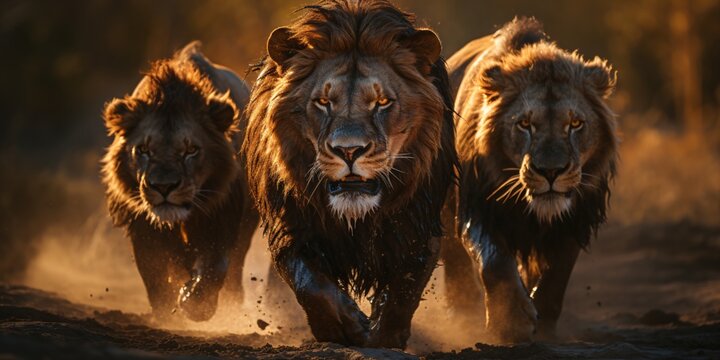 Fototapeta running lions in the sunset, big five wildlife safari