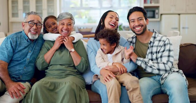 Happy, portrait and big family on sofa in living room, home or grandparents, children and parents together on couch with love. Mom, dad and kids with a smile or relax in lounge with generations