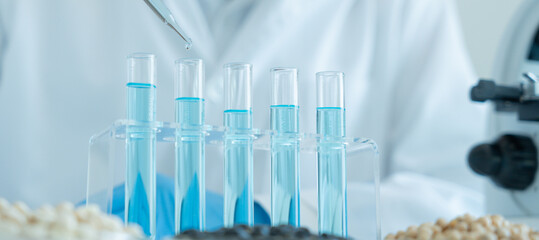 Scientist check chemical whole grains residues in laboratory. Control experts inspect the concentration of chemical residues. hazards, standard, prohibited substances, contaminate, Microbiologist