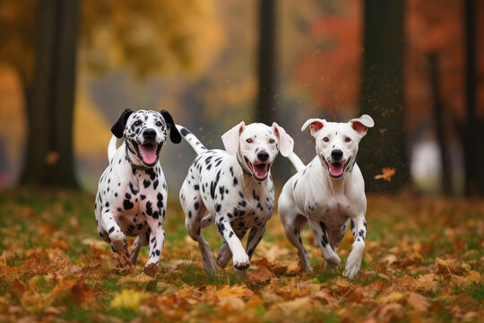 Cute funny dalmatian dogs group running and playing on green grass in park in autumn, generative AI