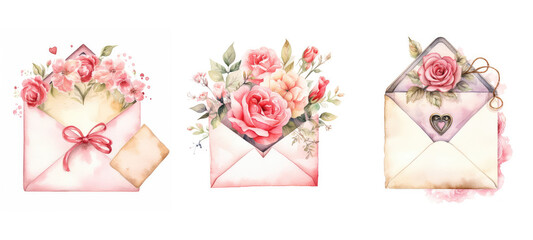 romance love letter envelope watercolor - obrazy, fototapety, plakaty