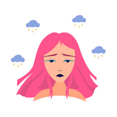 Sad and confuse girl with pink hair under the rain 