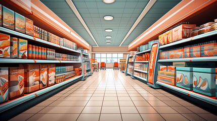 Supermarket interior with shelves full of various products Generative AI