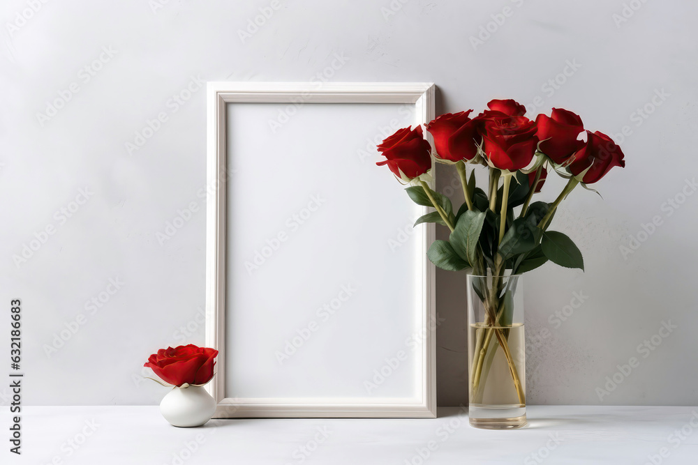 Poster empty white frame with red roses in vase next to it on white background. generative ai
