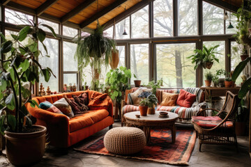 Fototapeta premium Unique And Eclectic Sunroom With Mix Of Natural And Bohemian Elements Eclectic Interior Design. Generative AI