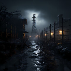 Prisoner of Desolation: Cinematic Rain and Spotlight in Gulag Atmosphere, Generative AI