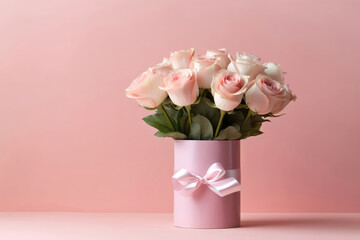 Beautiful Bouquet Of Roses In Vase With Gift Box, Empty Space, On Pink Background. Generative AI
